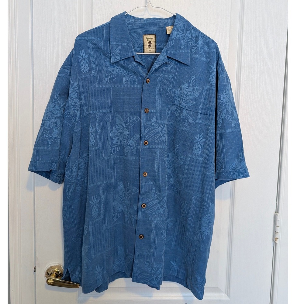 Jamaica Jaxx Mens XXL Blue Silk Jacquard Tropical Pineapple Camp Shirt XXL/EEG - Picture 2 of 7
